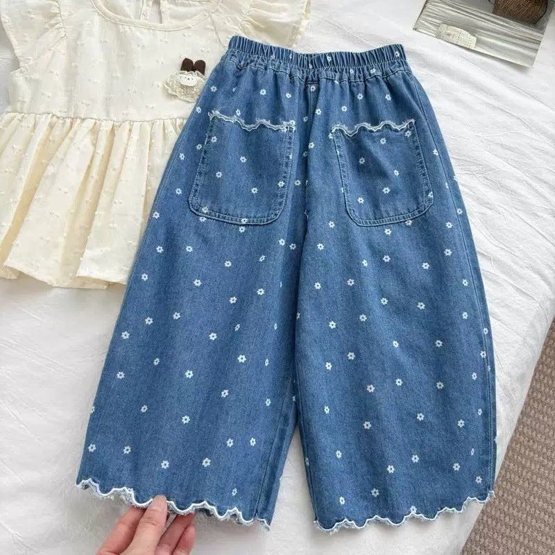 Girls 2026 Summer Lace Floral Wide-Leg Jeans