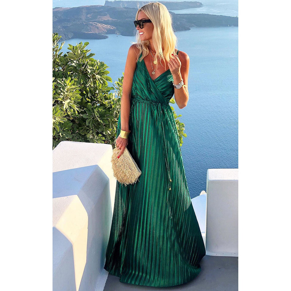 Pleated Sling Party Dress - 2026 "INS" Liquid Metal Holiday Luxe