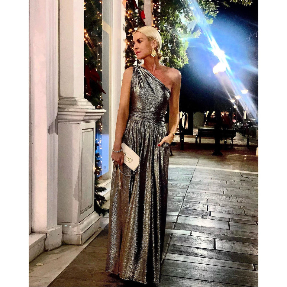 Gilding Oblique Shoulder Dress - 2026 "INS" Liquid Gold Party