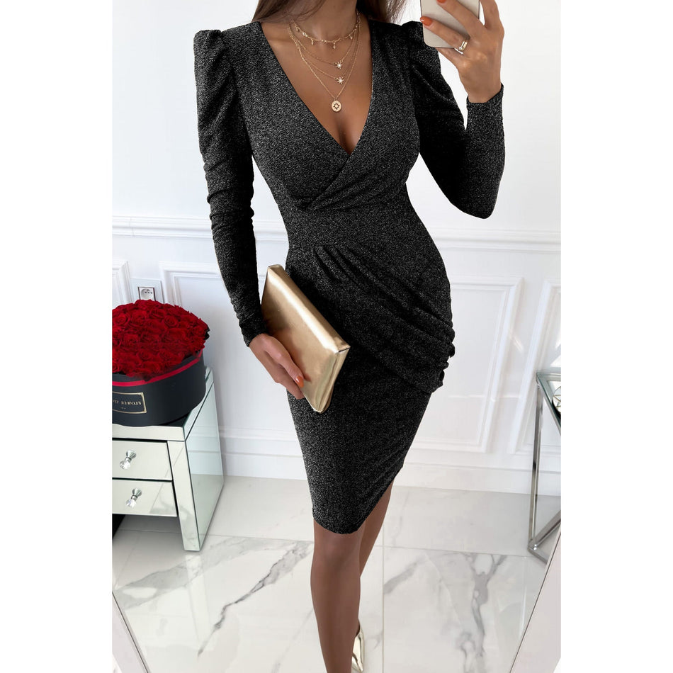 Gold & Silver Line Puff-Sleeve Dress - 2026 "INS" Liquid Metal