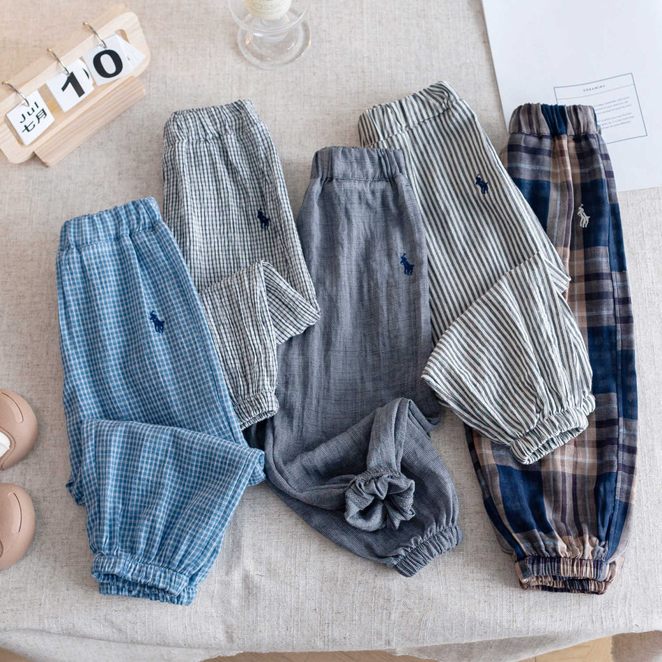 Kids 2026 Summer Cotton Linen Anti-Mosquito Plaid Pants