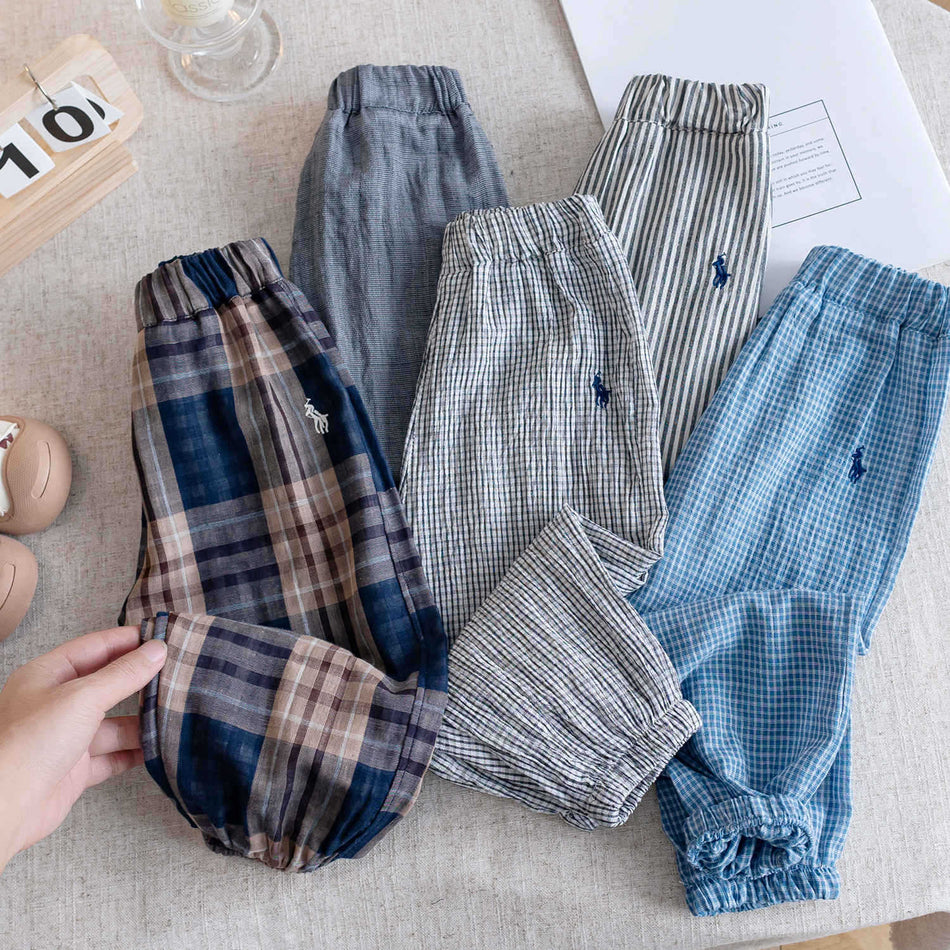 Kids 2026 Summer Cotton Linen Anti-Mosquito Plaid Pants