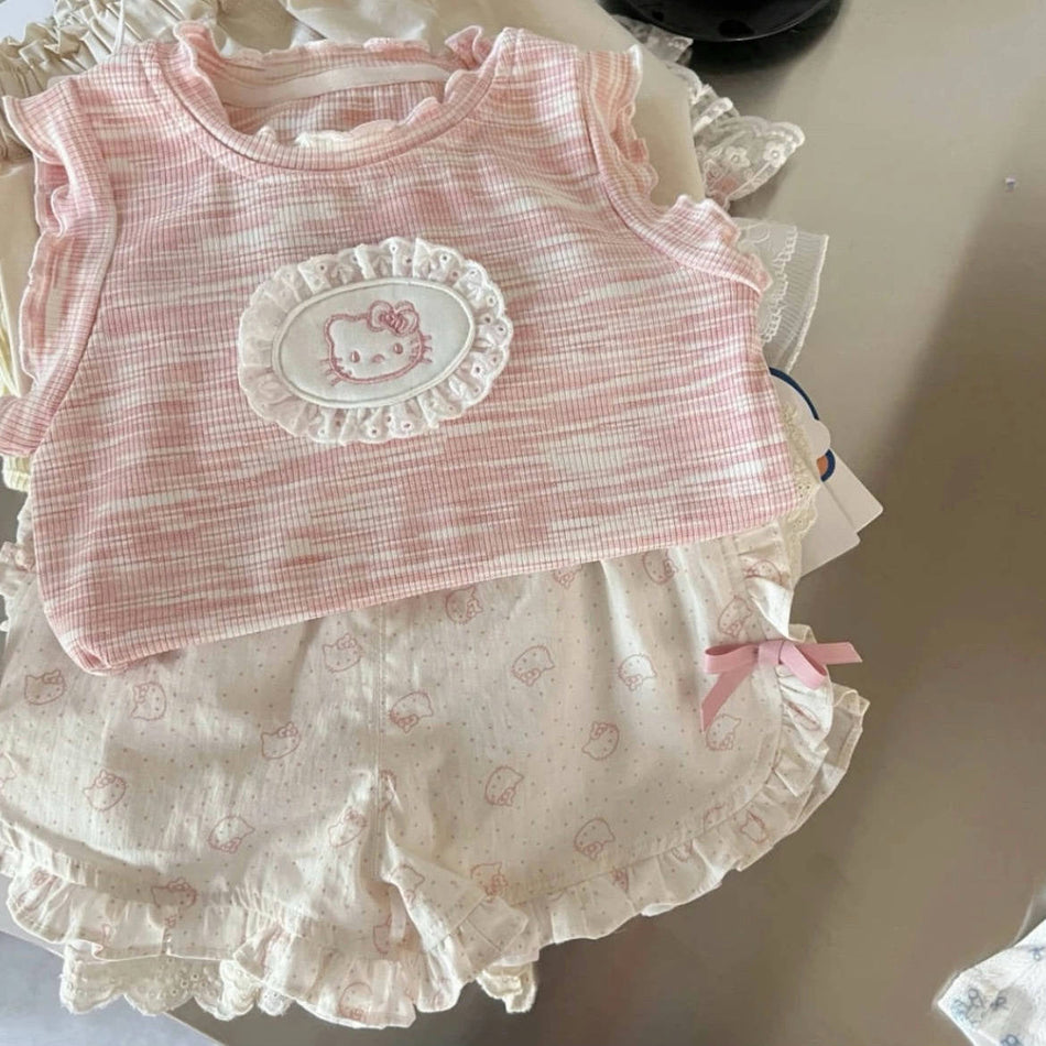Trendy Korean Girls Summer Lace Vest & Shorts Set
