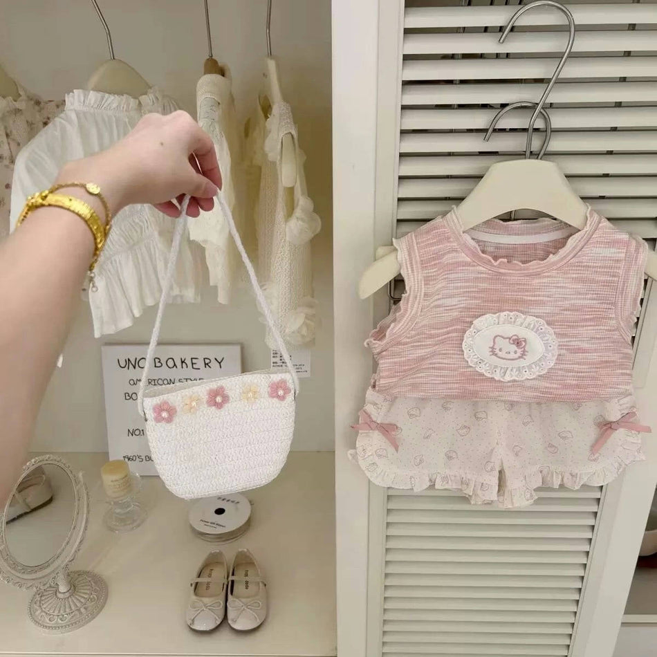 Trendy Korean Girls Summer Lace Vest & Shorts Set