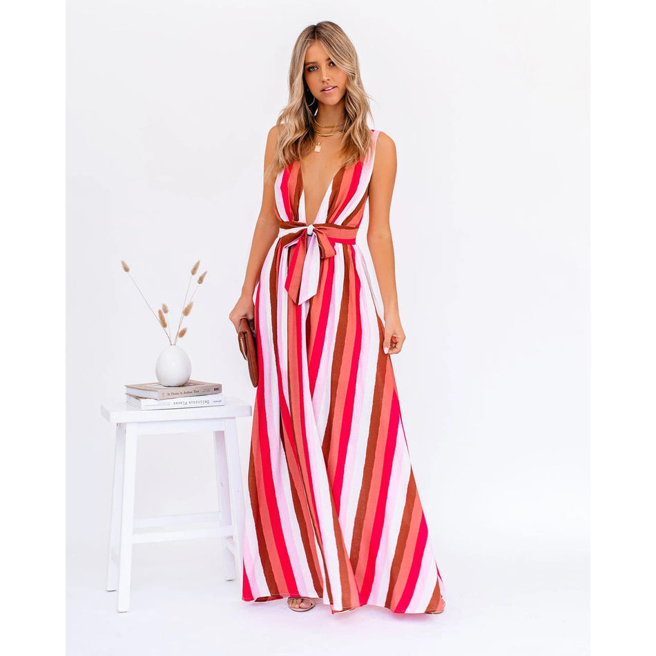 Deep V Stripe Lace-Up Dress – 2026 "INS" Linear-Aura Vacation