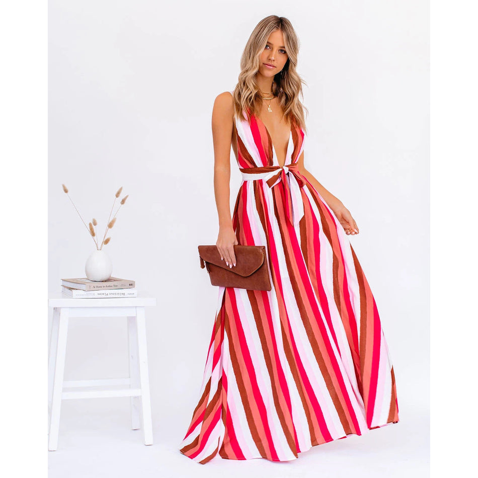Deep V Stripe Lace-Up Dress – 2026 "INS" Linear-Aura Vacation