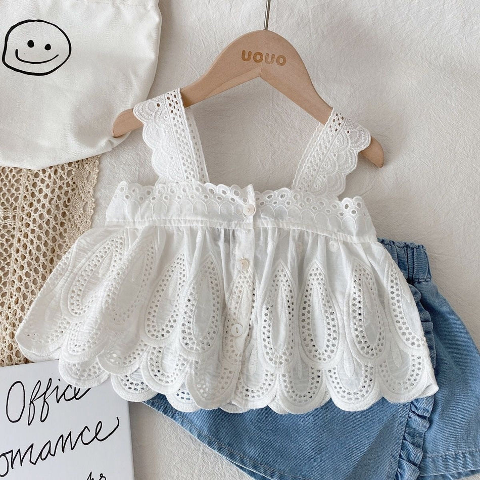 Baby Girl Summer Outfit White Top & Denim Shorts Set