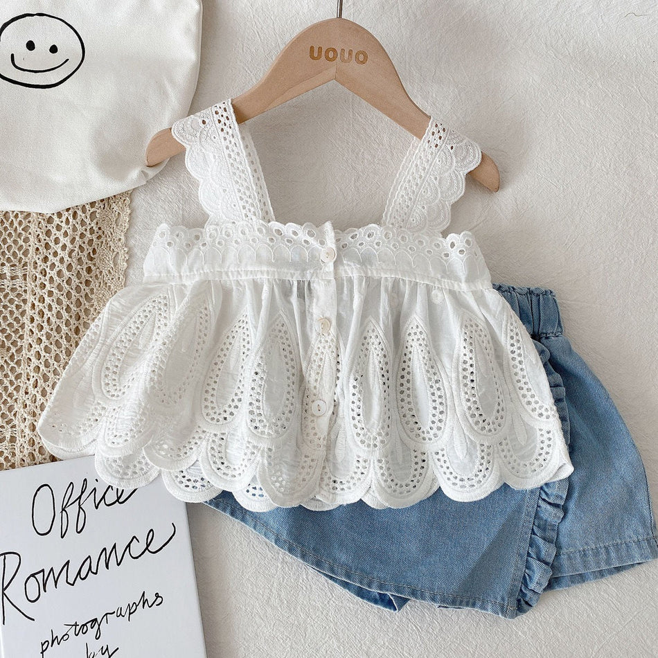 Baby Girl Summer Outfit White Top & Denim Shorts Set