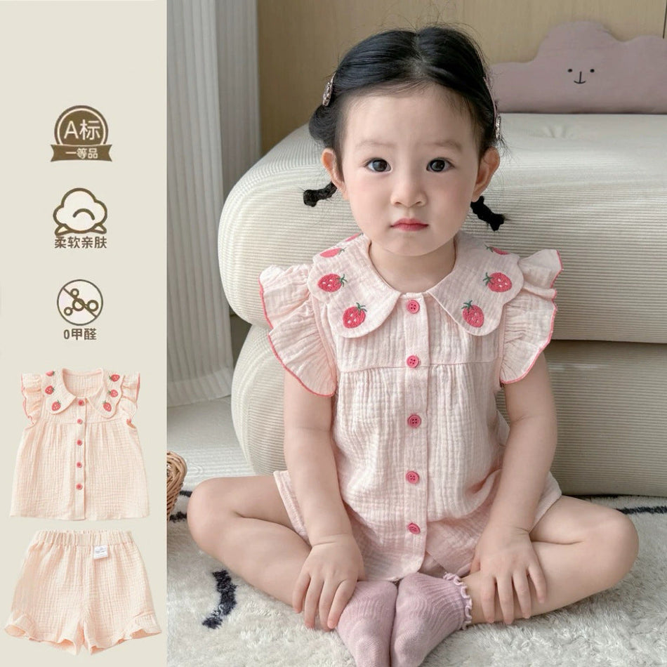 Girls Cotton Strawberry Homewear Summer Two-Piece Set