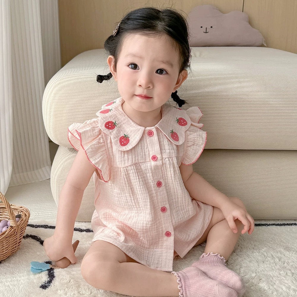 Girls Cotton Strawberry Homewear Summer Two-Piece Set