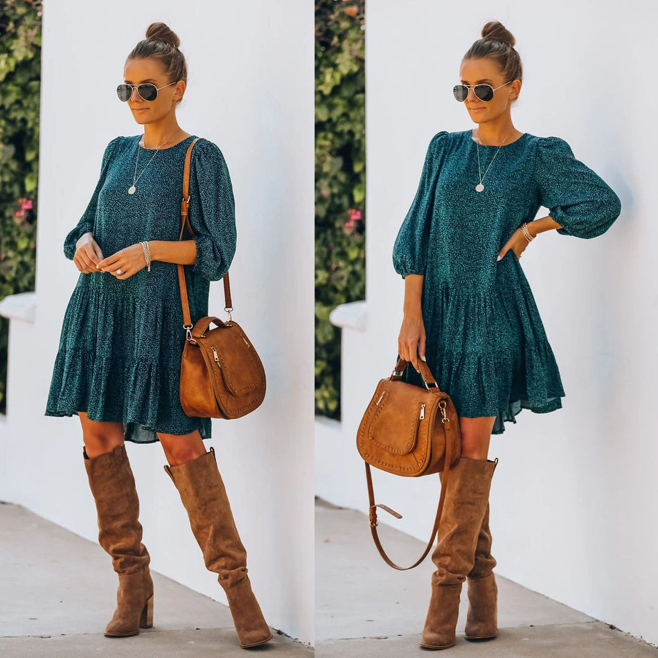 Elegant Floral Puff Sleeve Split Dress – Fall/Winter 2026