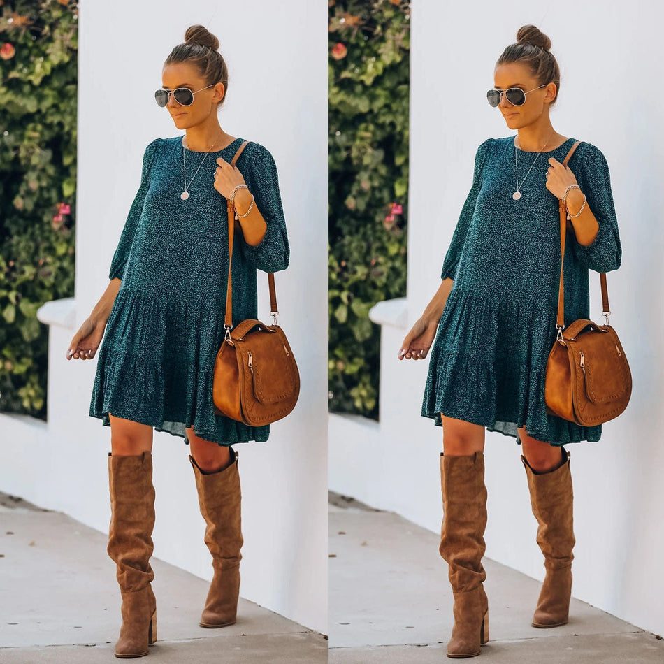 Elegant Floral Puff Sleeve Split Dress – Fall/Winter 2026