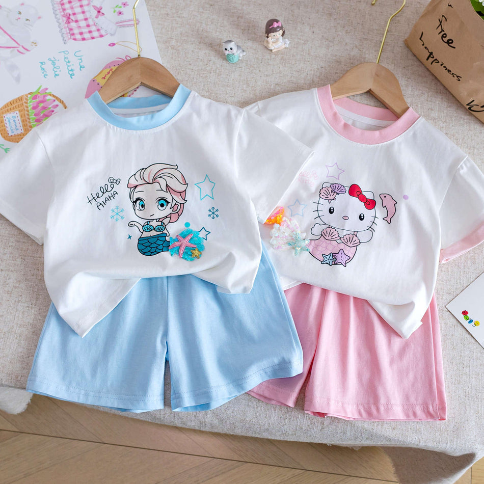 Girls Korean Cartoon T-Shirt & Shorts Summer Set