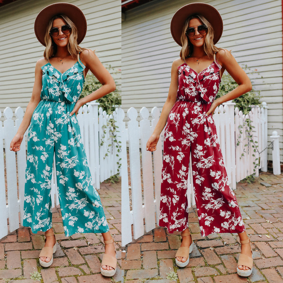 Sexy V-Neck Floral Jumpsuit – Loose Backless Summer Bodysuit