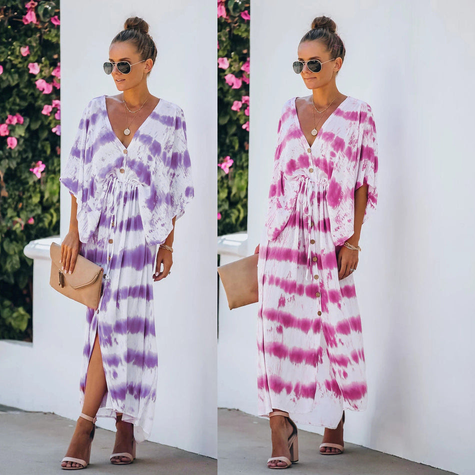 Tie-Dye V-Neck Large Swing Dress – Trendy Backless Home Wear
