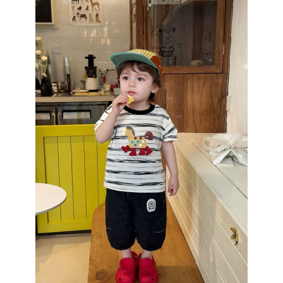 Boys Korean Cartoon T-Shirt & Denim Shorts Set 2026