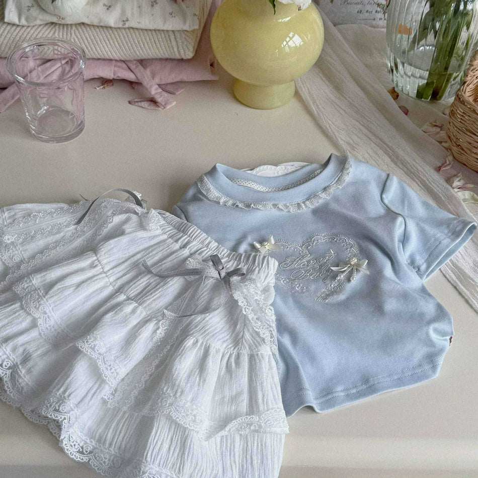 Girls Lace Collar Top & Bow Skirt Set 2026
