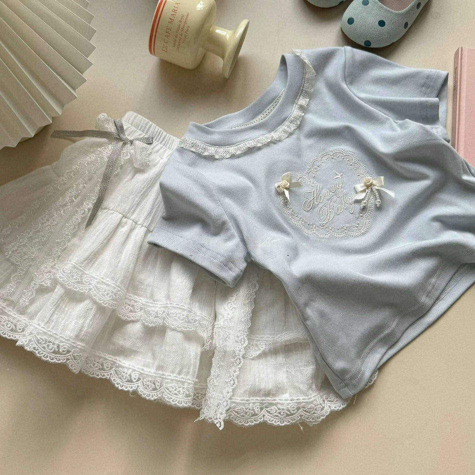 Girls Lace Collar Top & Bow Skirt Set 2026
