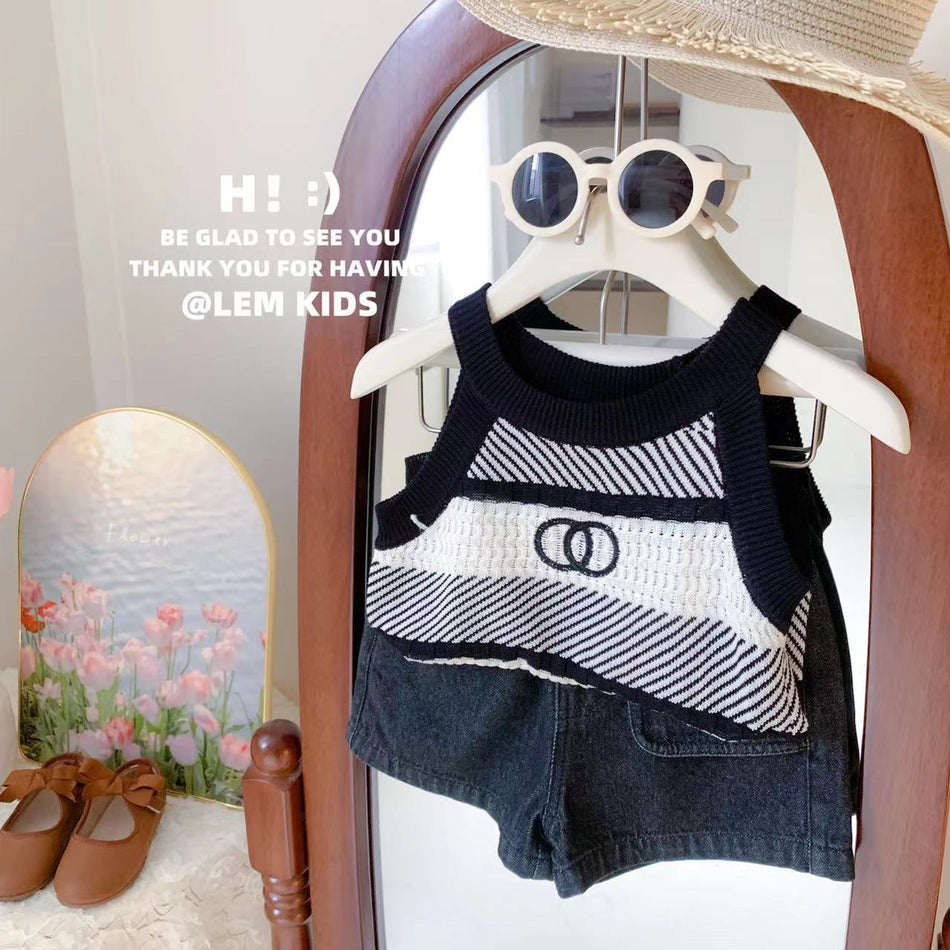 Girls Striped Suspender & Denim Shorts Set 2026