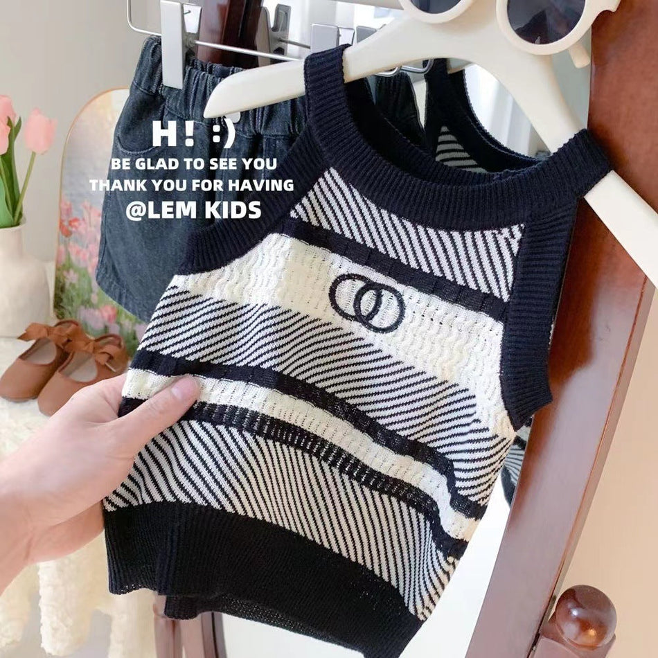 Girls Striped Suspender & Denim Shorts Set 2026