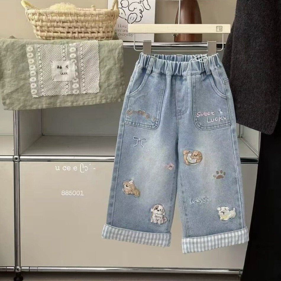 Kids Embroidered Blue Jeans Loose Fit 2026