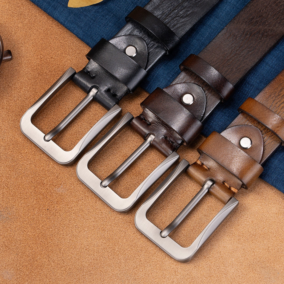 Men’s Cowhide Leather Belt – Vintage Pin Buckle Classic