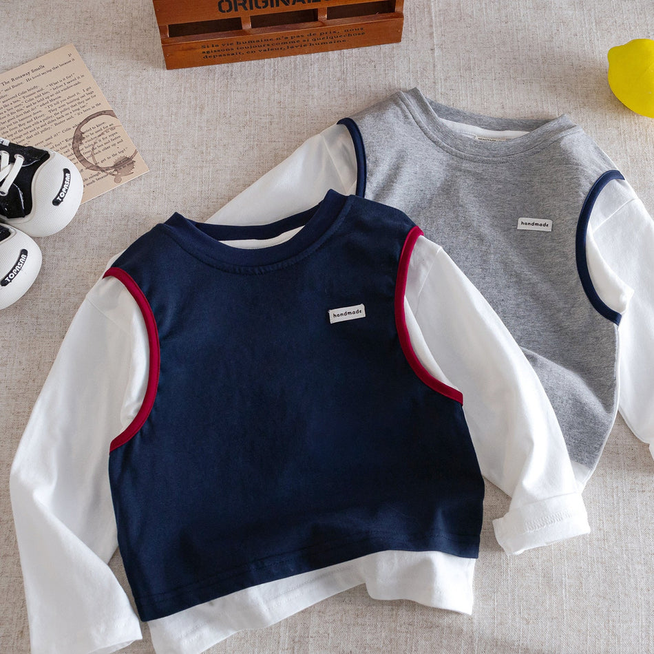 Boys Fake Two-Piece Cotton Long-Sleeve T-Shirt