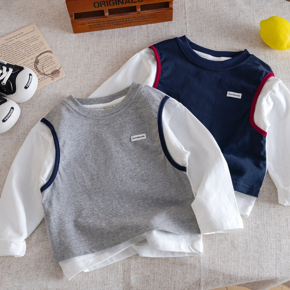 Boys Fake Two-Piece Cotton Long-Sleeve T-Shirt