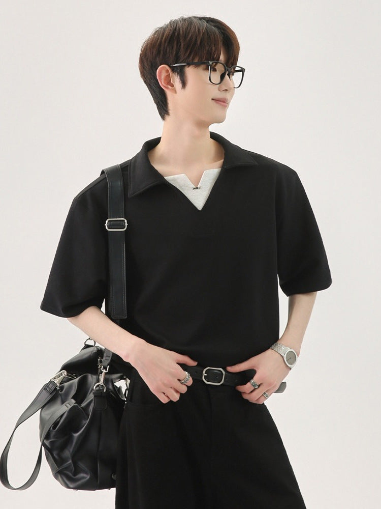 Men’s Fake Two-Piece V-Neck Polo – Korean Casual Style