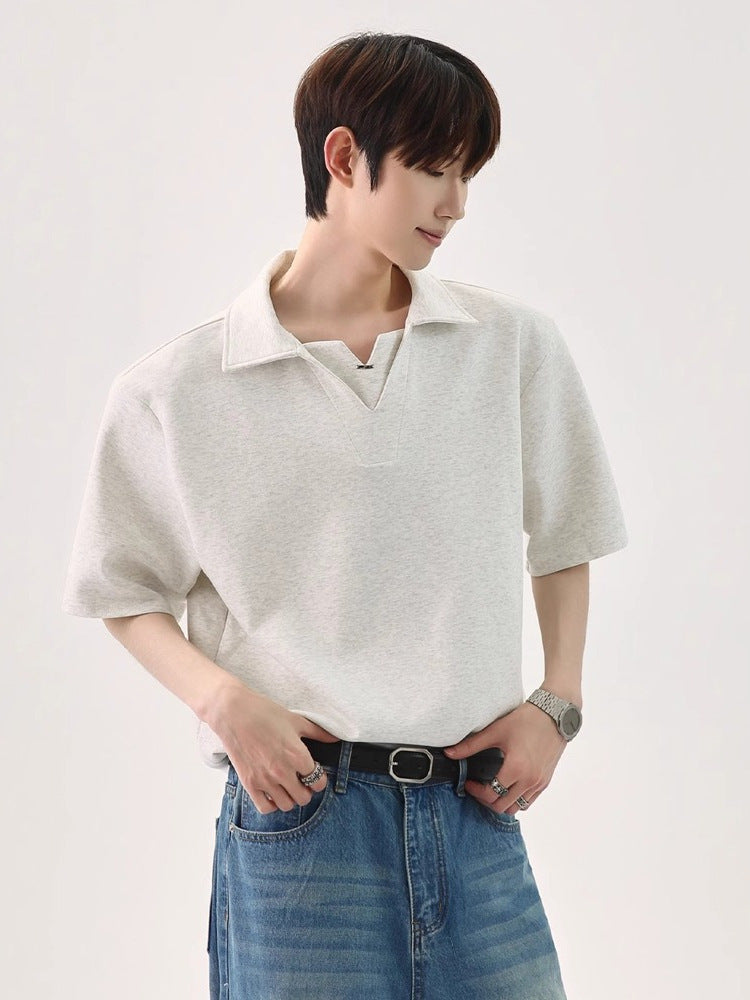 Men’s Fake Two-Piece V-Neck Polo – Korean Casual Style