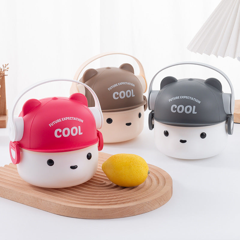 Bear Cartoon Double Layer Round Bento Lunch Box Microwave Safe