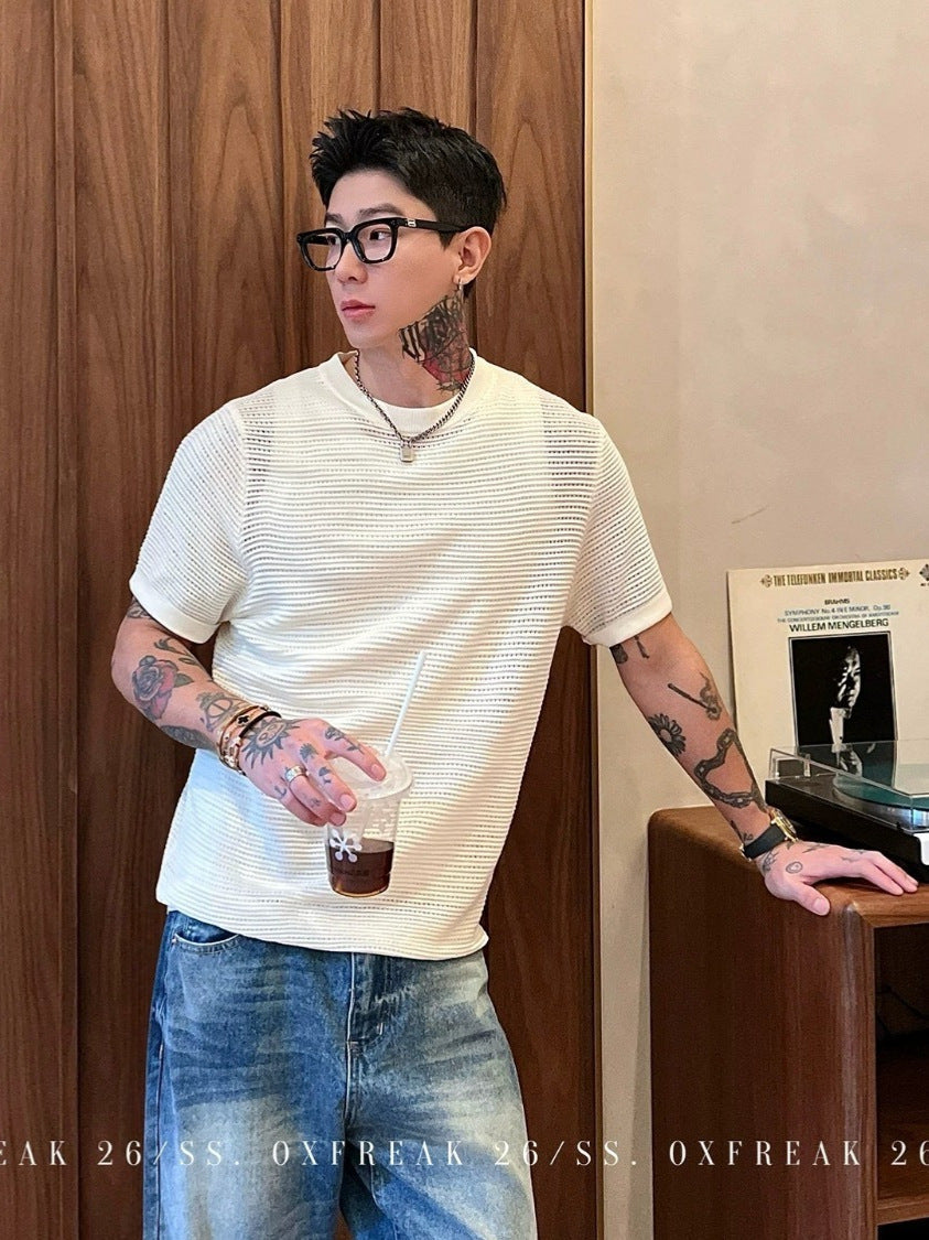 Men’s Hollow-Out Knitted Round Neck T-Shirt – Summer