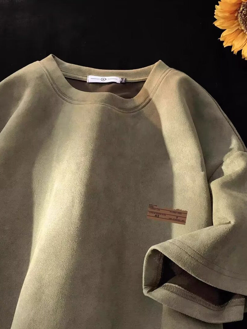 Men’s Suede Round Neck T-Shirt – Summer Retro Casual