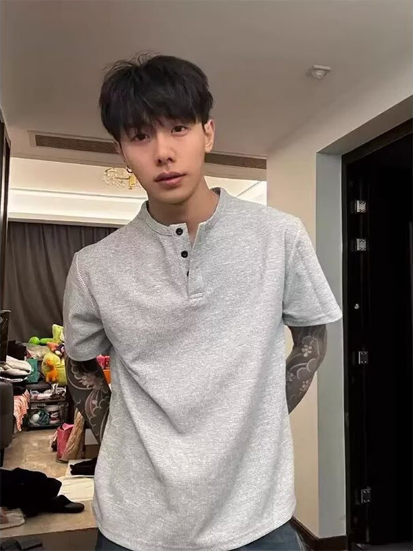 Men’s Retro Henry Collar T-Shirt – Summer Casual Loose