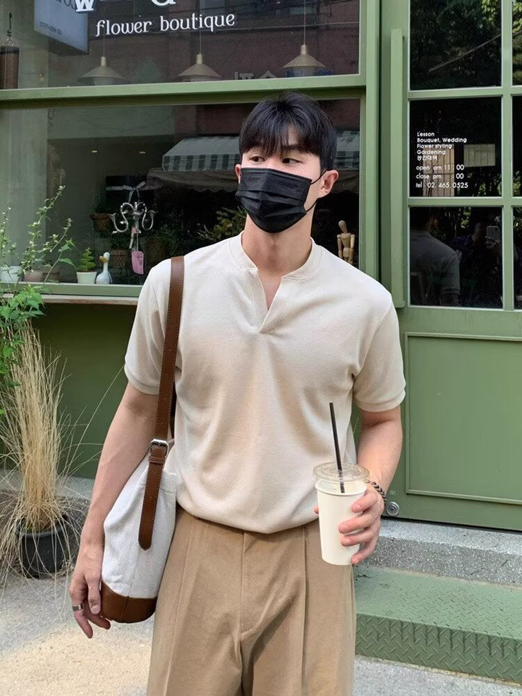 Men’s Korean Henry V-Neck T-Shirt – Summer Casual Top