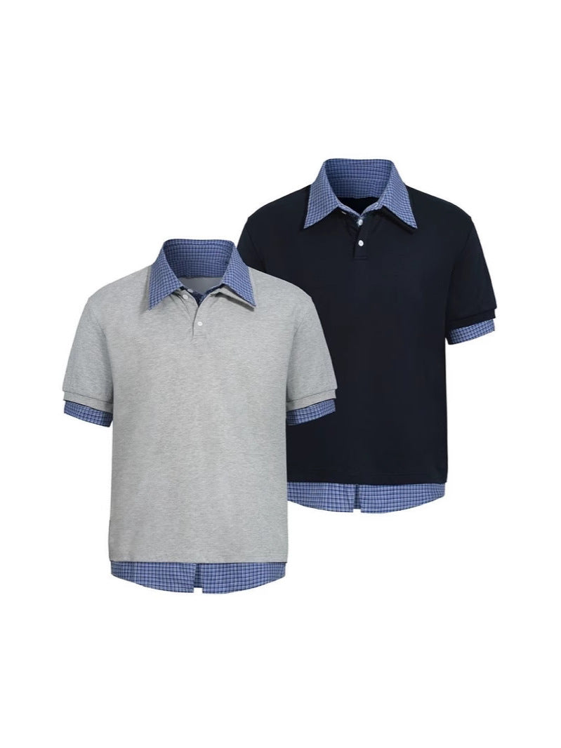 Men’s Fake Two-Piece Plaid Polo – Summer Casual Loose