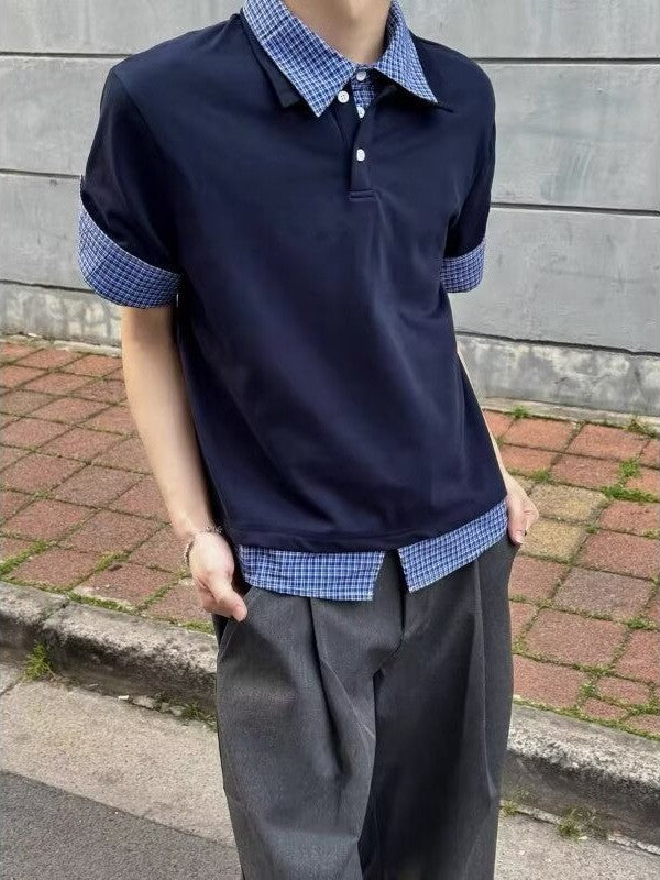 Men’s Fake Two-Piece Plaid Polo – Summer Casual Loose