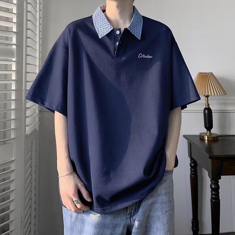 Men’s Plaid Stitching Polo T-Shirt – Summer Retro Loose