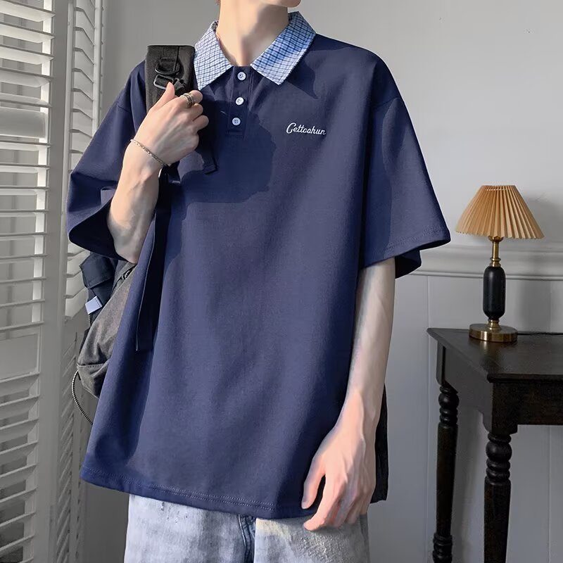 Men’s Plaid Stitching Polo T-Shirt – Summer Retro Loose