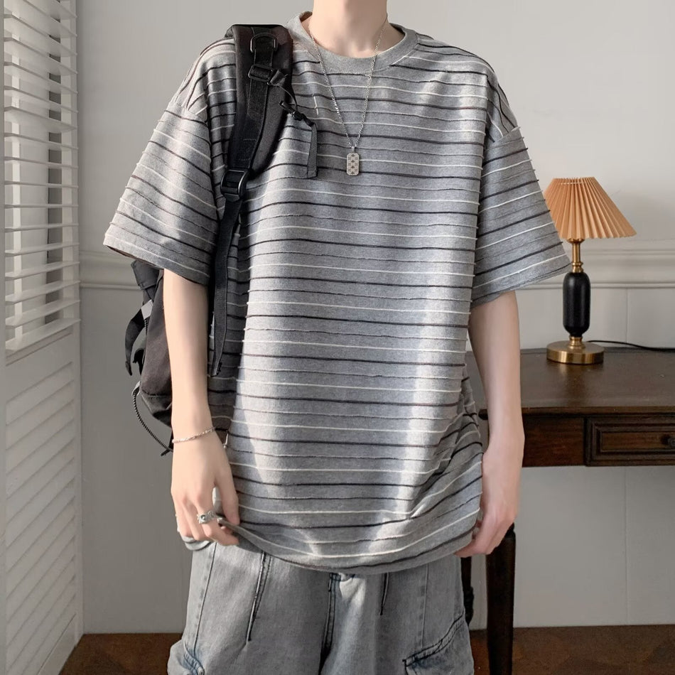 Men’s Japanese-Style Striped T-Shirt – Summer Casual Loose