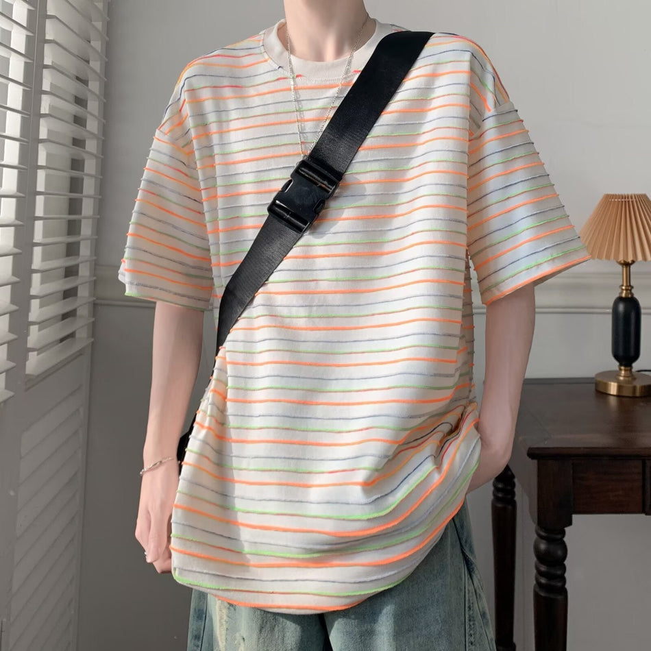 Men’s Japanese-Style Striped T-Shirt – Summer Casual Loose