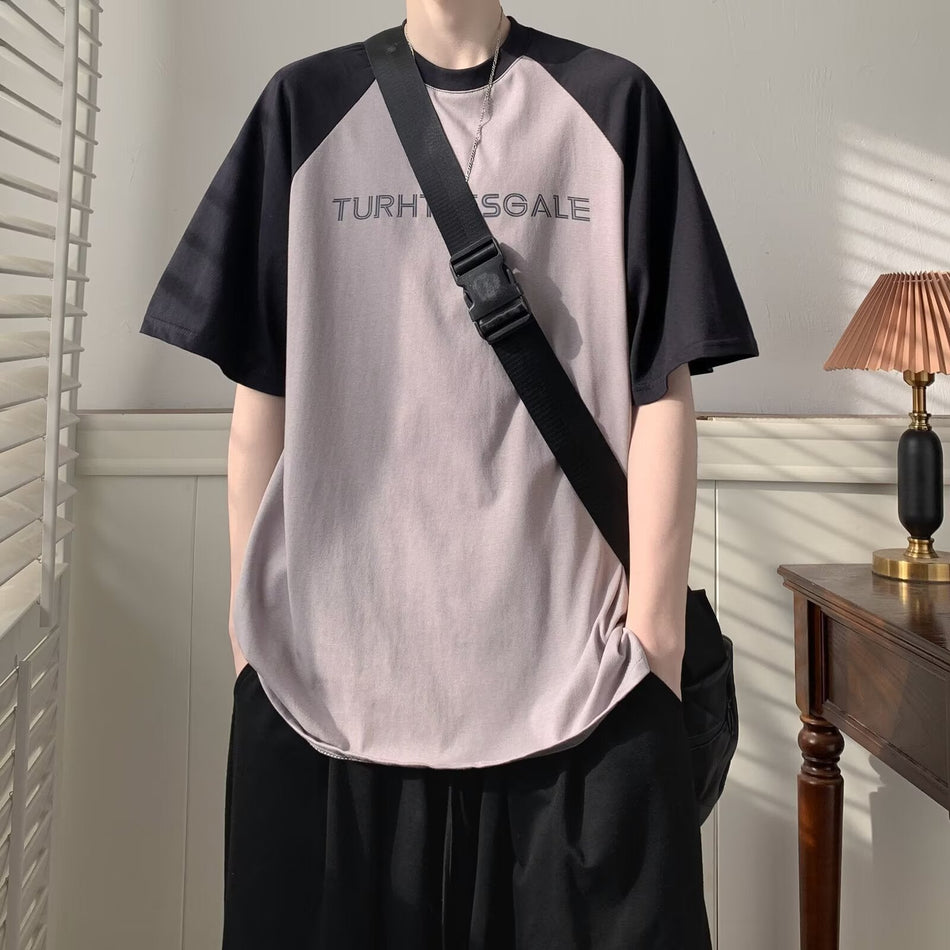 Men’s Contrast Splice Cotton T-Shirt – Summer Loose Top