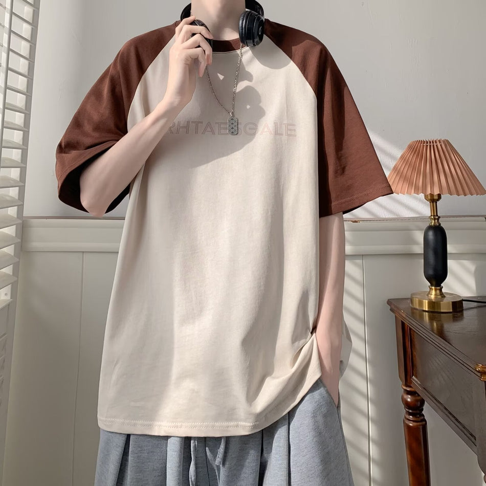 Men’s Contrast Splice Cotton T-Shirt – Summer Loose Top