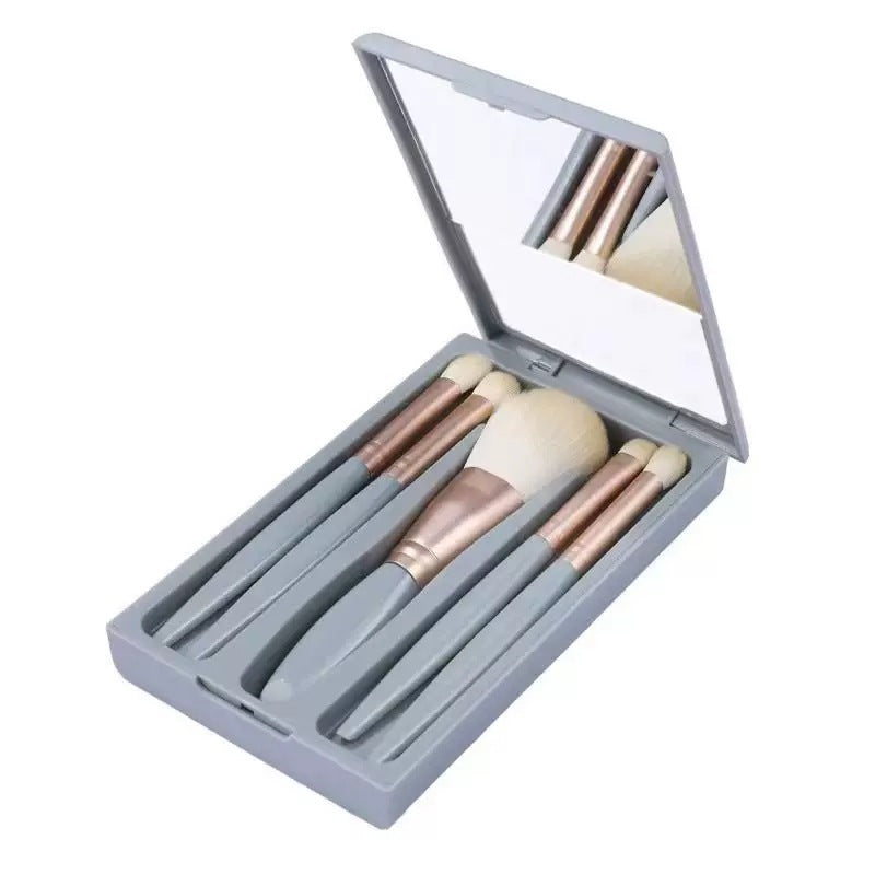 5-Pc Travel Makeup Brush Set with Mirror | Soft Powder
