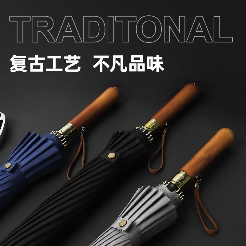 16 Bone Straight Rod Long Handle Umbrella Wooden Grip Bronze