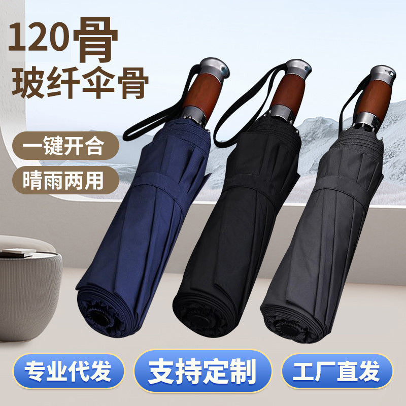 Full-Automatic Wooden Handle Silver-Plated UV Sun Umbrella