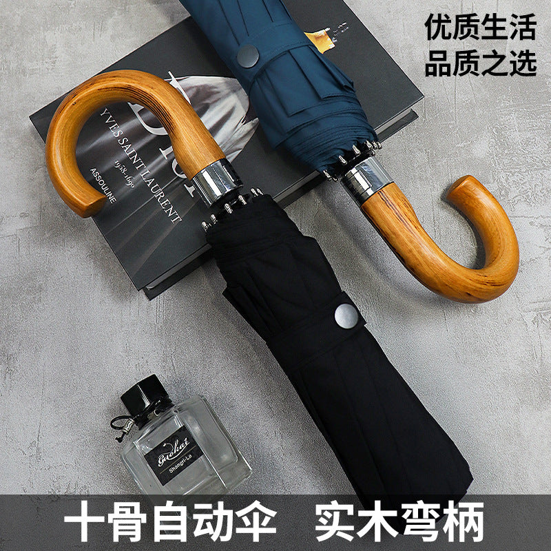 10-Bone Automatic Double Business Umbrella with Solid Wood Hook