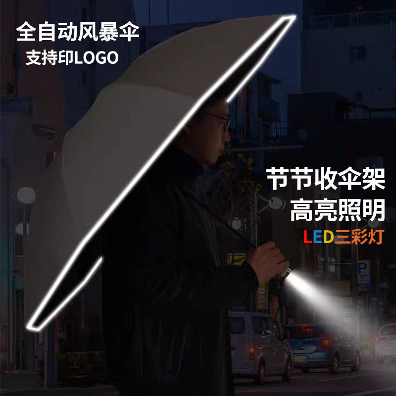 Automatic 10-Bone Reverse Folding Umbrella with LED Light &