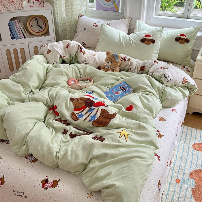 Cartoon Towel Embroidery Class A Washed Cotton Bedding Set