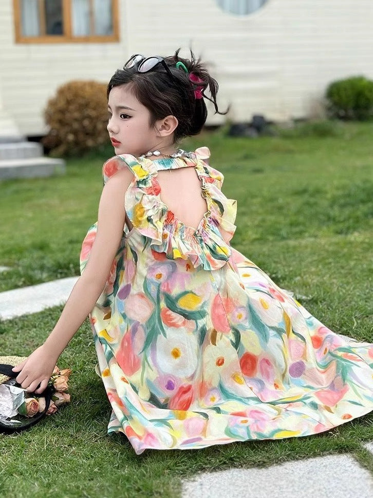 2026 Girls Floral Sling Beach Princess Skirt